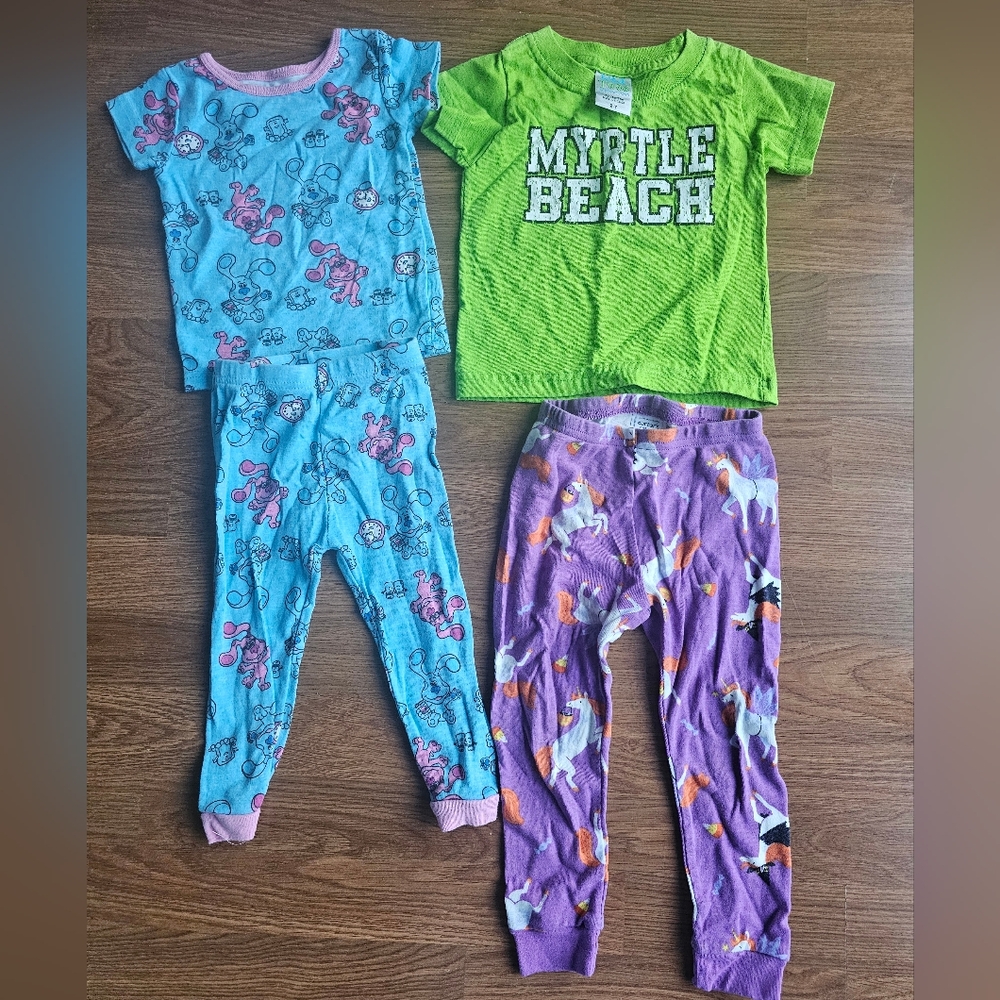 Girls Size 2T Bundle Qty 4, PJ'S, T-Shirt & Unicorn Stretchy Elastic Waist Pants